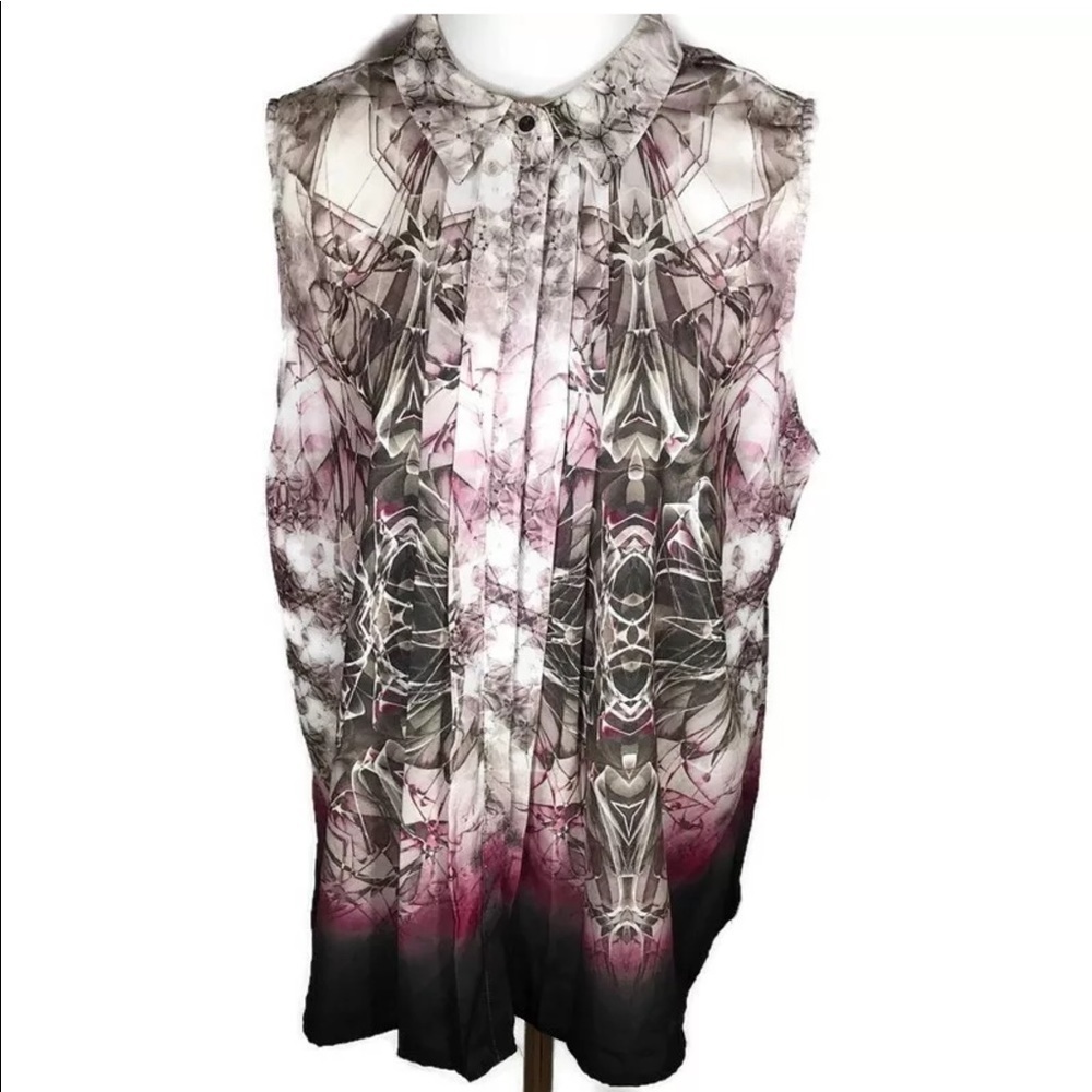 Fylo London Size L Pleated Front Sleeveless Blouse Button Collar Office